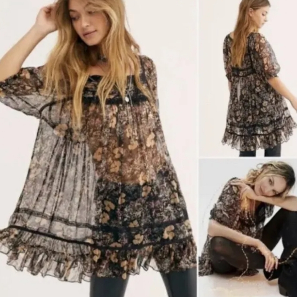 Free People More Than A Feeling Tunic Black Multi-Color Floral. Size XS - Picture 4 of 16